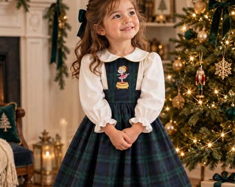 Girls Christmas Dress, Green Tartan Ballerina Dress, Nutcracker Embroidered Holiday Outfit