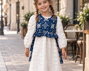 Girls White Seersucker Dress with Blue Voile Apron: Handmade Cottage Style Set