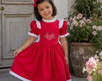 Red Linen Girls Dress: Flower Embroidered Spring Summer Look, Frilled Neckline Easter Outfit