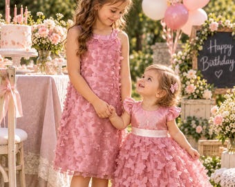 Matching Sister Dresses, Pink Butterfly Birthday Outfits, Big & Little Girls Special Occasion Set