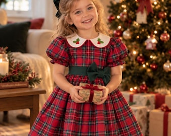 Girls Red Tartan Christmas Dress, Holly Embroidered Plaid Holiday Outfit, Toddler Party Dress