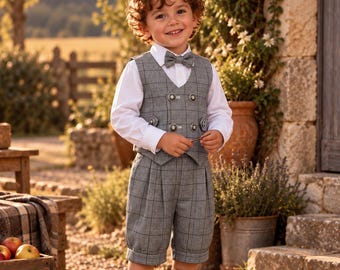 Baby Boy Plaid Suspender Shorts Set: Gray Tartan Toddler Outfit, Formal Look