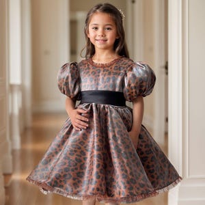 Leopard Print Fluffy Skirt Dress: Handmade Cotton Lined Brown Party Outfit, Fancy Girls Dress