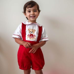 Teddy Bear 1st Birthday Outfit: Red Linen Baby Boy Cake Smash Short Set