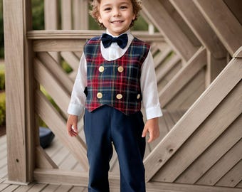 Baby Boy Navy Plaid Suit Set: Gabardine Vest, Bow Tie, Suspender Pants