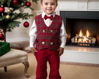 Baby Boy Red Plaid Christmas Suit: 4-piece Tartan Thanksgiving