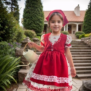 May include: A young girl wearing a red and white cherry print dress with a red lace trim and a red headband. She is holding a white watering can and standing on a stone path.