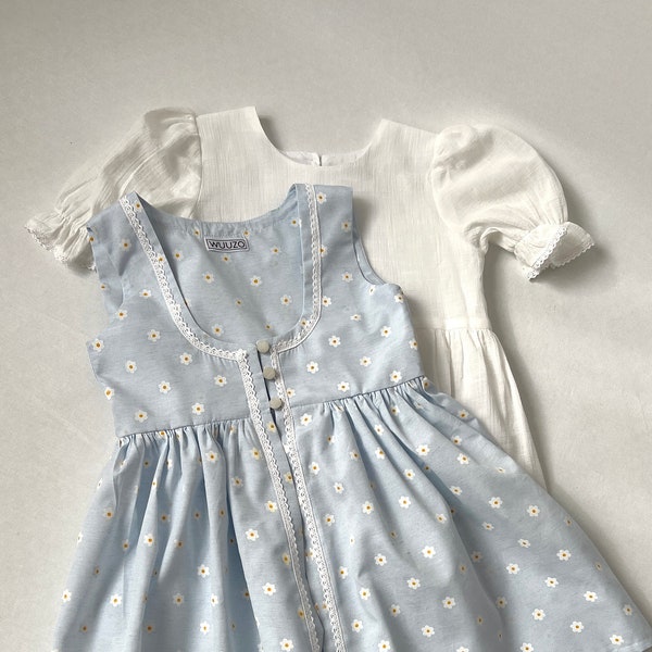 Layered Cotton Two Pieces Girls Dress, Short Sleeve White Dress Pinafore Cottage Set, Soft Blue Daisy Detailed Toddler Apron Look