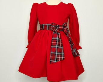 Plaid Belt Detailed Red Girls Dress, Long Sleeve Fluffy Skirt Formal Look