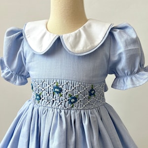 Handgesticktes hellblaues Baby-Kleid, Handbesticktes Kleinkind-Geburtstags-Party-Outfit, Fotoshooting im Baby-Look, PetterPan-Kragen Mädchen-Baumwollkleid