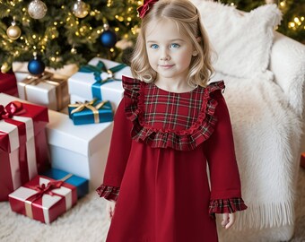 Robe rouge de Noël pour fille, tenue de Noël détaillée à carreaux