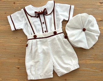 Personalized Linen Baby Boy Short Set: Toddler 4-Piece Ivory Cake Smash Outfit