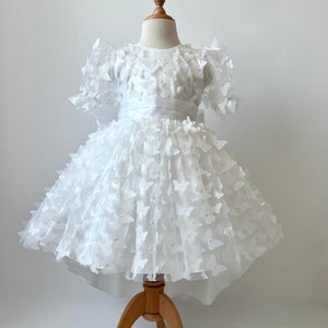 Long Tail White Butterfly Style Fluffy Skirt Toddler Dress, Puff Sleeve Birthday Party Baby Look, Flower Girl Outfit