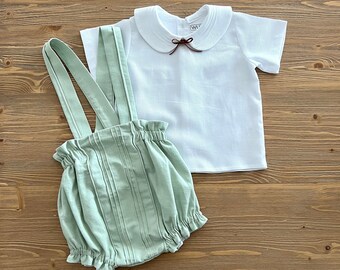 Sage Green Baby Boy Bloomer Set: Cotton Shirt, First Birthday Outfit