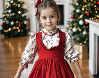 Girl's Christmas Red Dress, Holly Boughs Detailed Xmas Outfit, Thanksgiving Dress