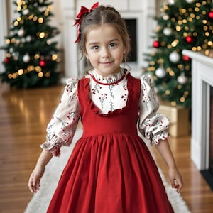 Girl&#39;s Christmas Red Dress, Holly Boughs Detailed Xmas Outfit, Thanksgiving Dress