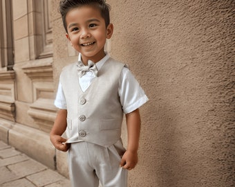 Beige Silk Alpaca Boys Suit: 4-Piece Toddler Outfit