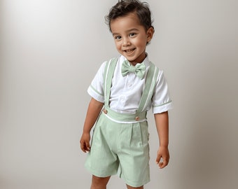 Baby Boy Linen Birthday Outfit: Green Cake Smash Suspenders Set
