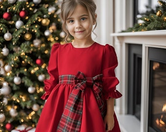 Girls Christmas Red Dress, Girls Plaid Belt Detailed Red Dress, Xmas Holiday Outfit, Thanksgiving Look