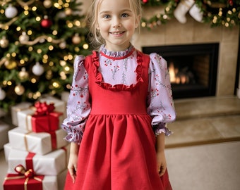 Girls Christmas Holly Dress, Purple Red Combination Xmas Dress,  Toddler Thanksgiving Red Dress