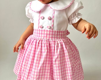 Mädchen Rosa Vichy Karo Kleid, Peter Pan Kragen Kleinkind Look, Vintage Mädchen Outfit