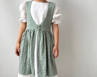 Cottagecore Girls Dress: Sage Green Pinafore Apron, White Cotton Layer