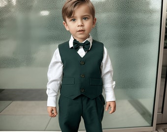 Khaki Green 4 Pieces Boys Suit Set, Toddler Formal Outfit, Baby Boy Suspender Pants, Boy Christening Look, Ring Boy Suit