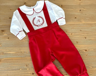 Personalized Baby Boy Suit Set, Red Suspender Pants Peter Pan Collar White Shirt Toddler Look, 1st Birthday Outfit