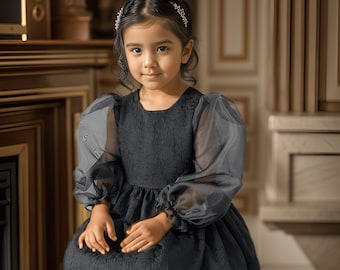Black Formal Girls Dress, Elegant Gothic Kids Look, Long Organza Sleeve Puff Skirt Toddler Outfit, Black Flower Pattern Girls Dress