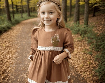 Hand Embroidered Linen Girls Dress, Lace Detailed Toddler Vintage Look