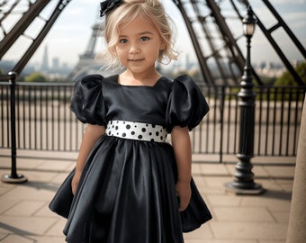 Girls Black Satin Dress: Polka Dot Belt, Handmade Cotton Lined