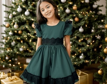 Girls Christmas Green Dress, Black Lace Detailed Formal Xmas Dress, Thanksgiving Girls Dress