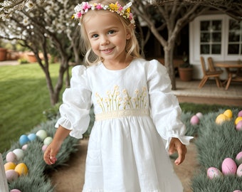 Easter Girls Linen Dress, Hand-Embroidery Daisy Detailed Baby Dress, White Linen Girls Outfit