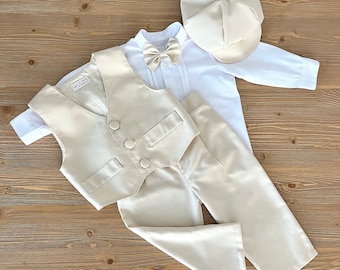 5 pièces Ensemble de vêtements de cérémonie pour garçon, ensemble de vêtements de baptême pour tout-petit, pantalon écru à bretelles bébé garçon-chapeau-nœud papillon-gilet-chemise blanche, costume pour garçon bague