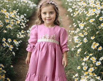 Daisy Embroidered Linen Girls Dress,  Hand-Embroidery Daisy Detailed  Baby Dress, Toddler Long Sleeve Pink Outfit