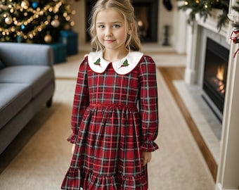 Girls Hand Embroidered Collar Christmas Dress, Holly Embroidered Red Tartan Xmas Toddler Outfit, Plaid Christmas Baby Girl Dress