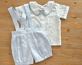 Baby Boy Linen Outfit: Light Blue Striped Shirt & Suspender Shorts