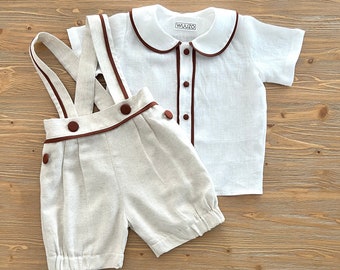 Ivory Linen Baby Boy Suit: Handmade Cotton Shirt & Suspender Shorts