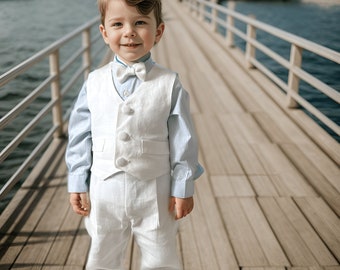 White Linen Baby Boy Outfit: 4-Piece Christening Suspenders Set
