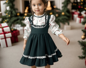 Girl's Christmas Green Dress, Holly Detailed Xmas Look, Toddler Thanksgiving Dress, Lace Detailed Full Skirt Dress