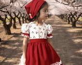 Cottagecore Cherry Kids Costume Set: Apron Pinafore Dress with Headscarf