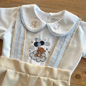 Personalized Baby Boy 1st Birthday Outfit: Teddy Bear Cake Smash Set,   Customized Cream Short