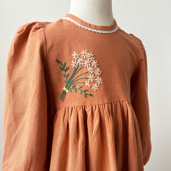 Vintage Style Hand Embroidered Organic Linen Girls’ Dress, Toddler Long Sleeve Brown Color Flower Embroidery Detailed Boho Look