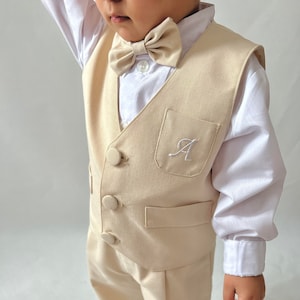 5pcs Boy Personalized Letter Embroidered Formal Suit, Baby Boy Ecru Suspender Pants-Hat-Bow Tie-Vest-White Shirt Set, Customized Toddler Set