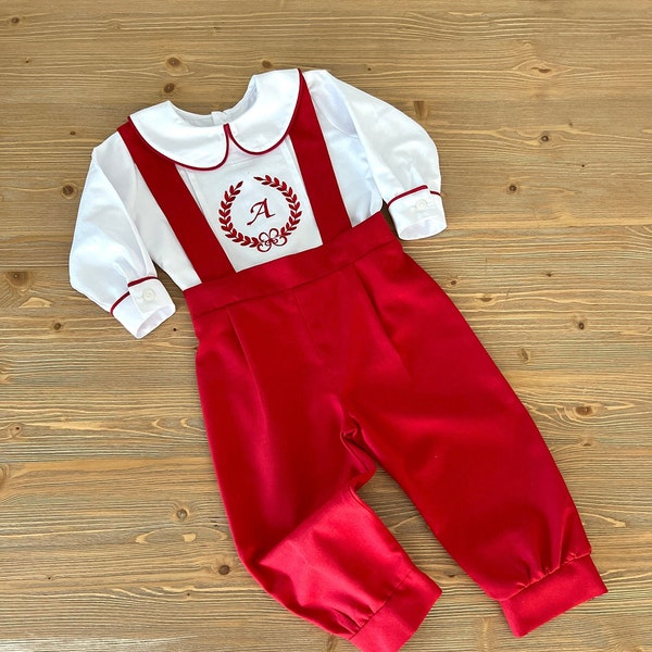 Personalized Baby Boy Suit Set, Red Suspender Pants Peter Pan Collar White Shirt Toddler Look, 1st Birthday Outfit