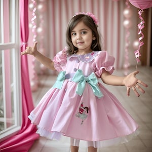 Handmade Baby Girl&#39;s Pink Cotton Candy Dress: Birthday Party Bow Dress