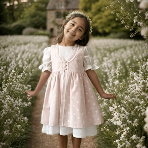 Daisy Pattern Cotton Two Pieces Girls Dress, Easter White Dress, Pinafore Cottage Set, Soft Pink Flower Detailed Toddler Apron Look