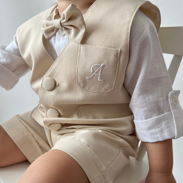 Baby Boy Ecru Suspender Shorts-Hat-Bow Tie-Vest- White Shirt, 5pcs Boy Personalized Formal Süit, 3/4 Sleeve linen/ Silk Alpaca Clothing Set