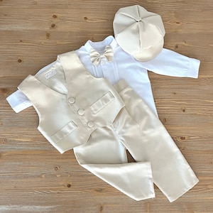 5pcs Boy Formal Süit, Christening Toddler Clothing Set, Baby Boy Ecru Suspender Pants-Hat-Bow Tie-Vest- White Shirt, Ring Boy Suit