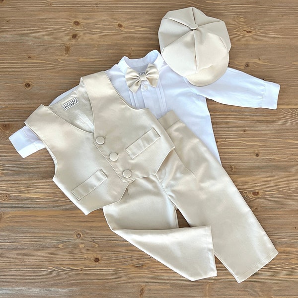 5pcs niño traje formal, bautizo conjunto de ropa para niños pequeños, bebé niño crudo tirantes pantalones-sombrero-pajarita-chaleco- camisa blanca, traje de niño anillo